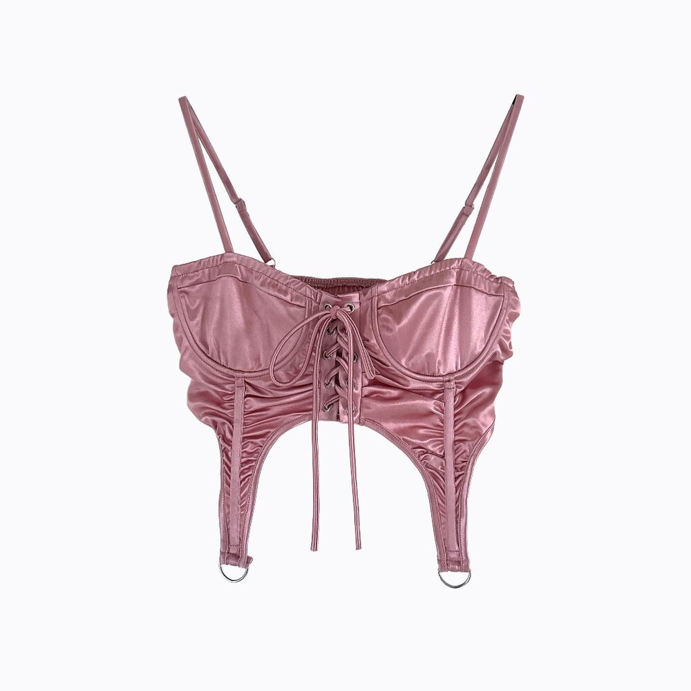 Blush Pink Satin Ruched Corset Bustier Top Med Lace Up Regencycore Coquette Y2K